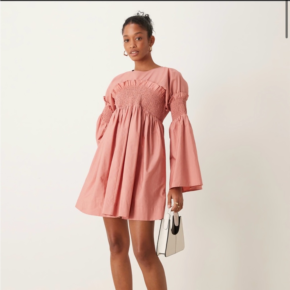 ASOS DESIGN shirred cotton mini dress with flare sleeve in rose